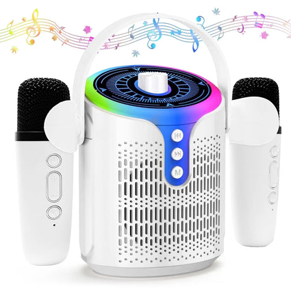 Bluetooth Karaoke Machine for Adults and Kids with 2 Wireless Microphone / Colorful Lights,Mini Singing Machine Portable Speaker System for Birthday Christmas Gift,White