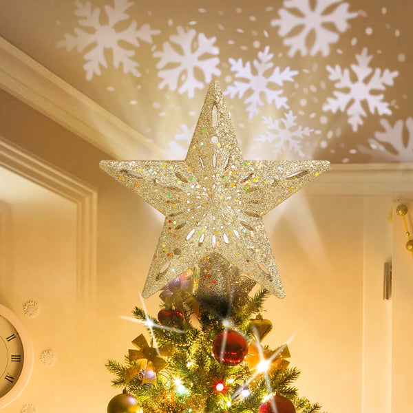 Christmas Tree Topper Lighted Star Projector Glitter Lighted Silver/Gold Shinning Tree Topper with Rotating Snowflake Projector 3D for Indoor Office Xmas New Year Holiday Tree Decoration